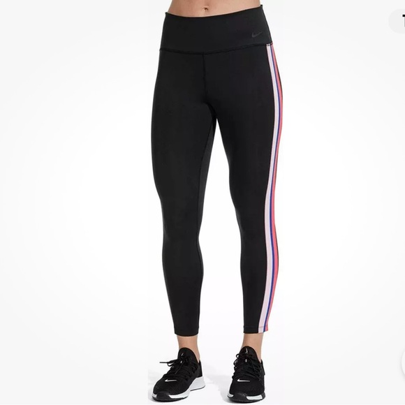 Nike Power Victory Stripe Training Tights Pants Stretch 7/8 Black Multi Red Logo - Picture 2 of 15